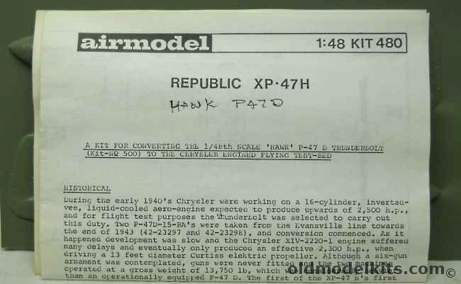 Airmodel 1/48 Republic XP-47H Super Thunderbolt Conversion - Bagged, 480 plastic model kit